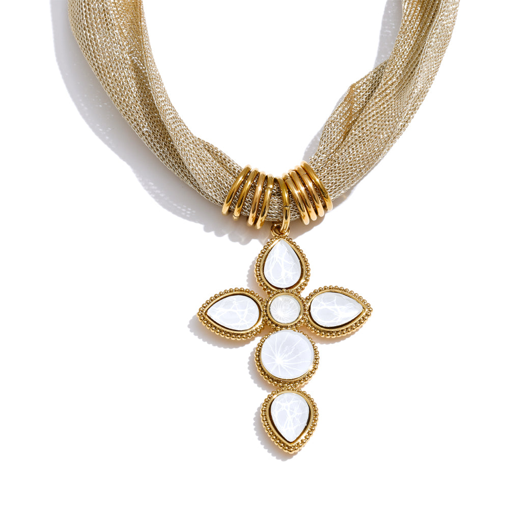 White glass cross necklace in gold-plated stainless steel.