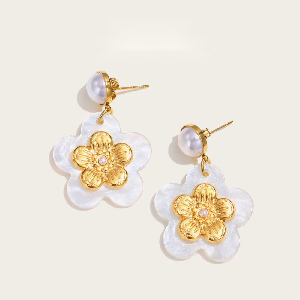 Drop Earrings Acrylic Flower Pearl — 316L Stainless Steel · PS391