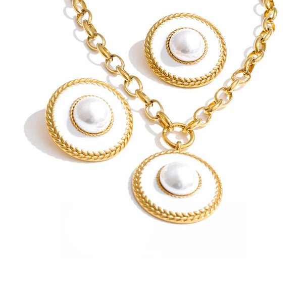 Gold-plated stainless steel pearl earrings with a circular design.