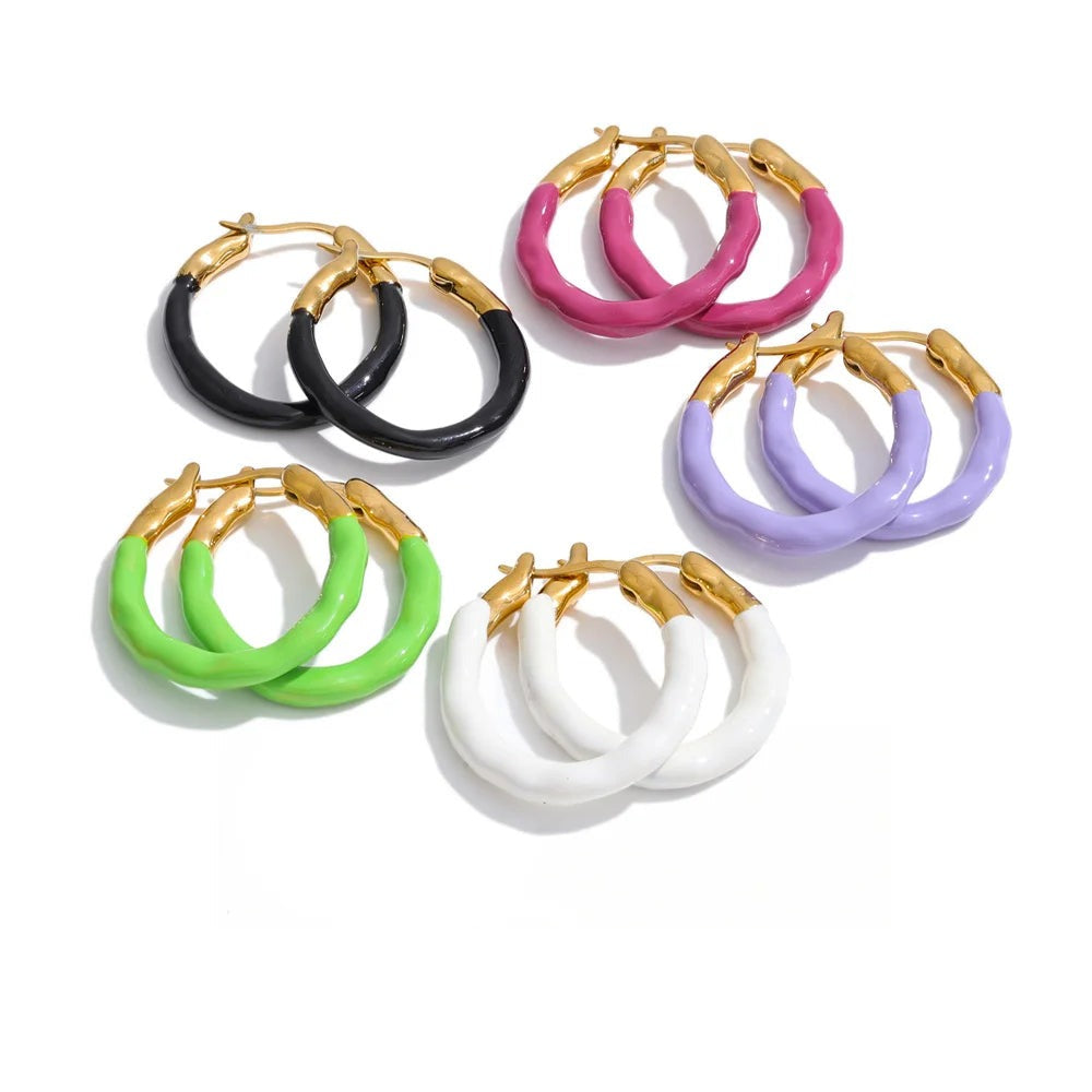 Gold-plated stainless steel hoop earrings in white, green, pink, and purple finishes.
