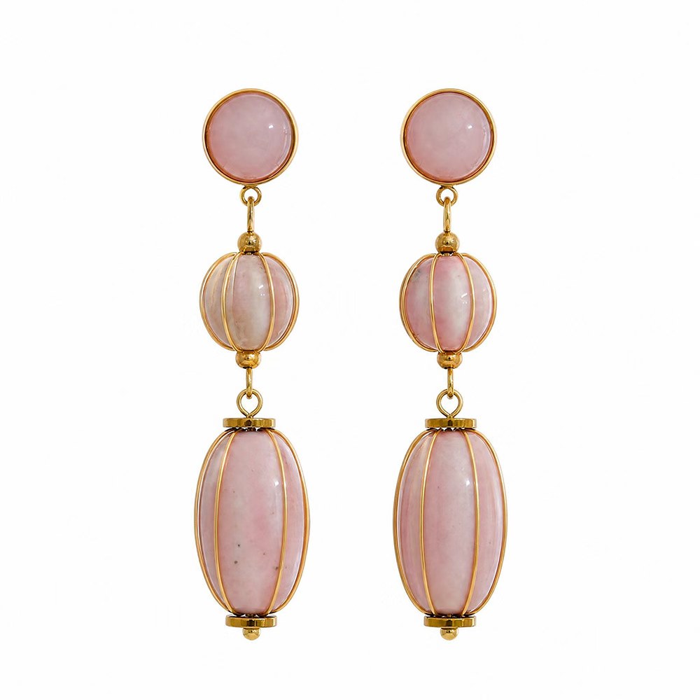 Gold-plated stainless steel earrings with pink marble beads.