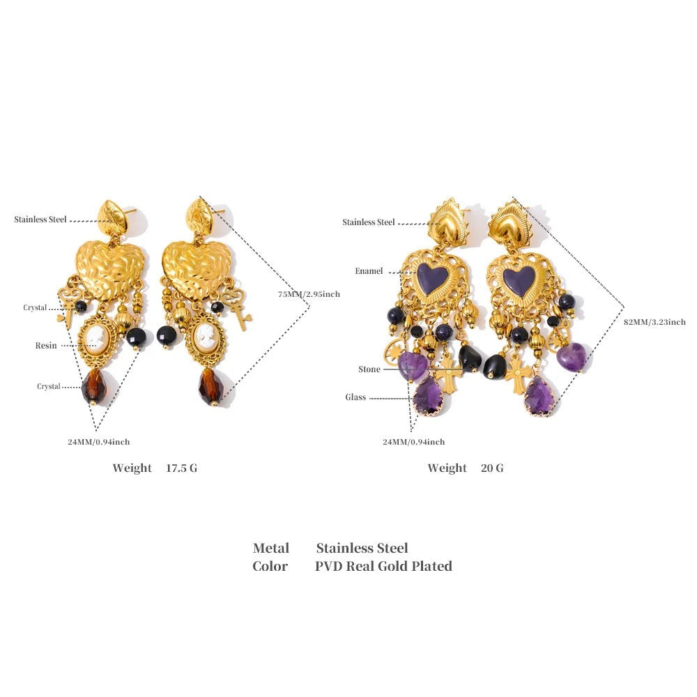 Resin Heart Cross Earrings — Gold-Plated Stainless Steel with Resin