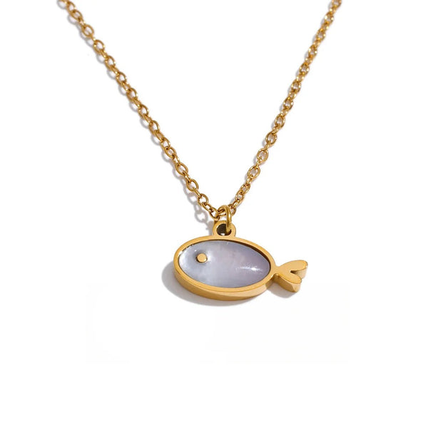 Gold-plated stainless steel necklace with a shell pendant and a small blue stone.
