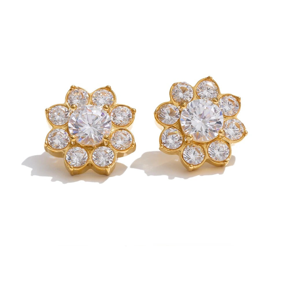 Cubic Zirconia Flower Earrings — Gold-Plated Stainless Steel with Cubic Zirconia · PS1570