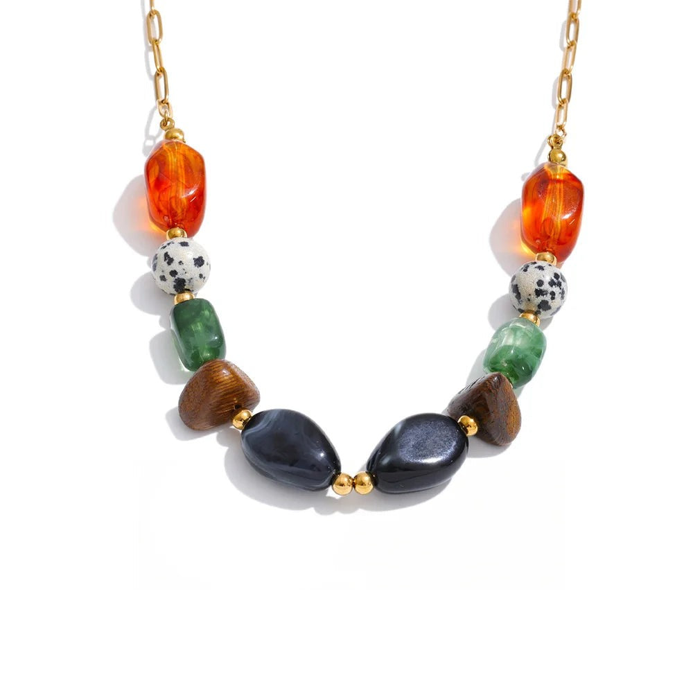 Gold-plated necklace featuring natural stone beads in a variety of colors and resin accents.