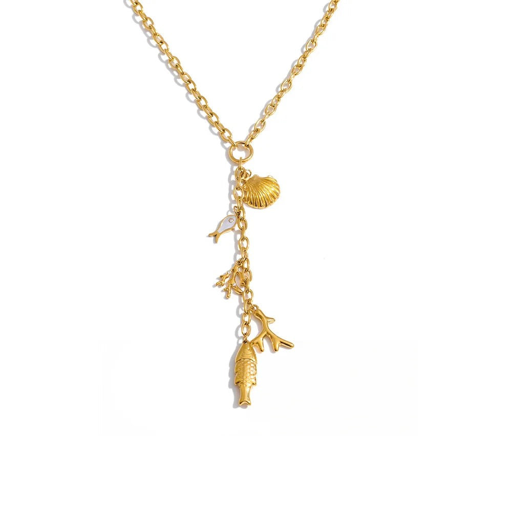 Gold-plated stainless steel necklace with cubic zirconia and shell pendant.