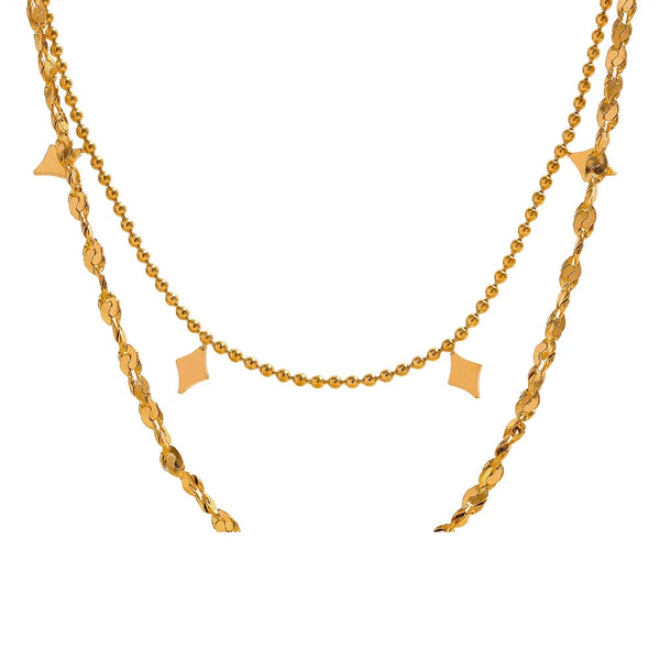 Gold-plated stainless steel necklace with a chain design featuring two small stars on either side.