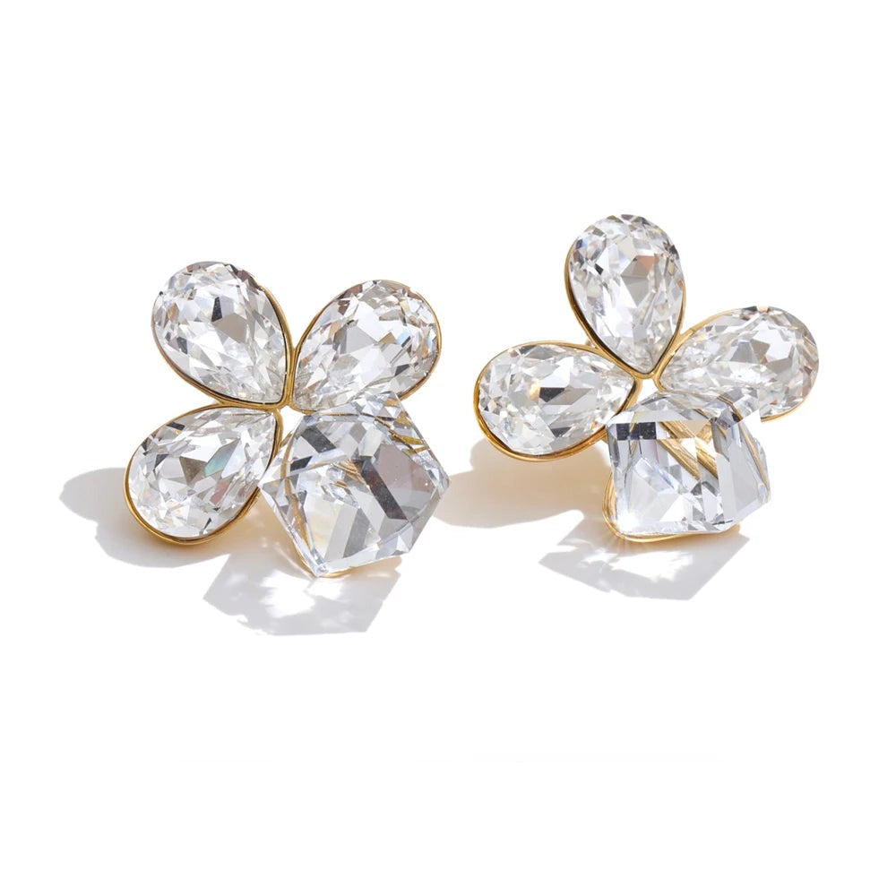 Crystal Flower Geometric Earrings — Gold-Plated Stainless Steel with Crystal · PS1534