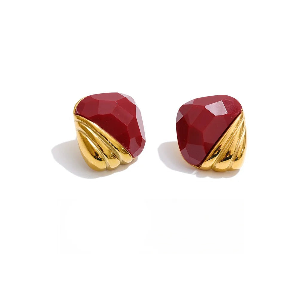 Gold-plated stainless steel earrings with red resin and acrylic.