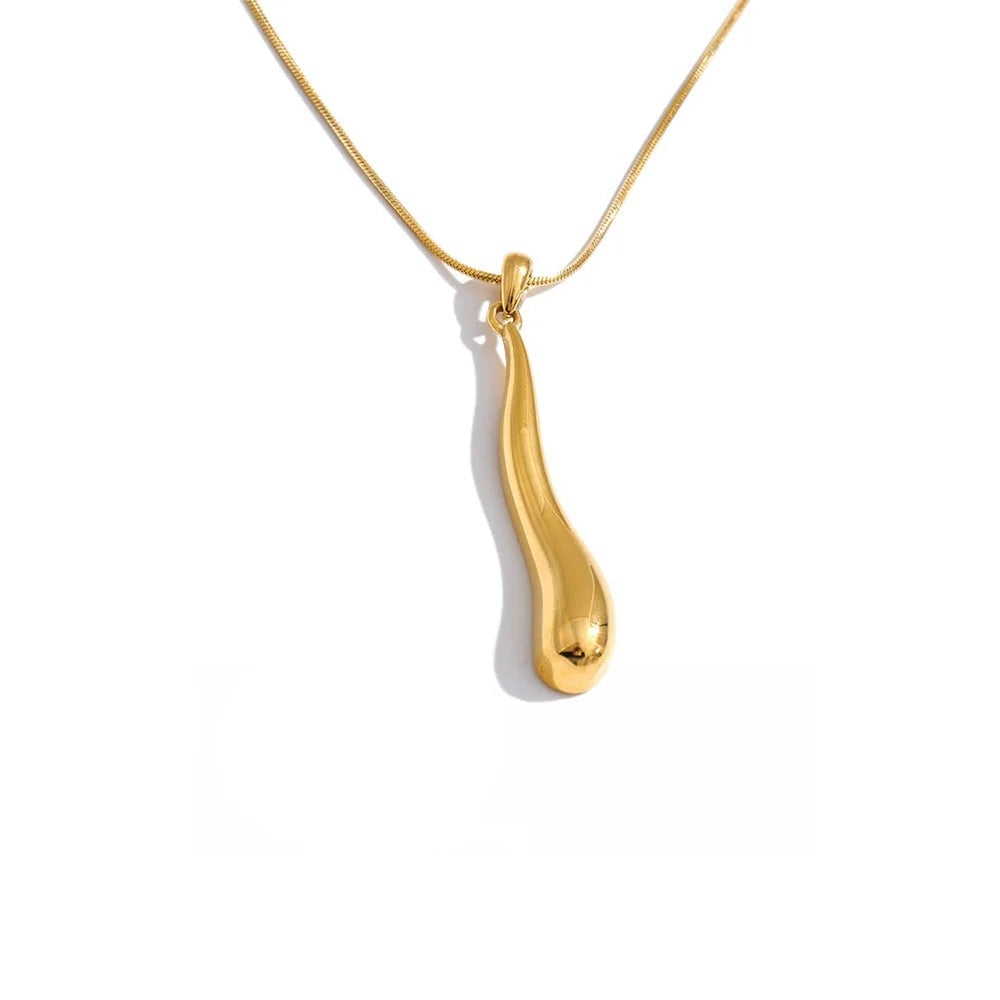 Gold-plated stainless steel necklace featuring a long, thin pendant shaped like a drop.
