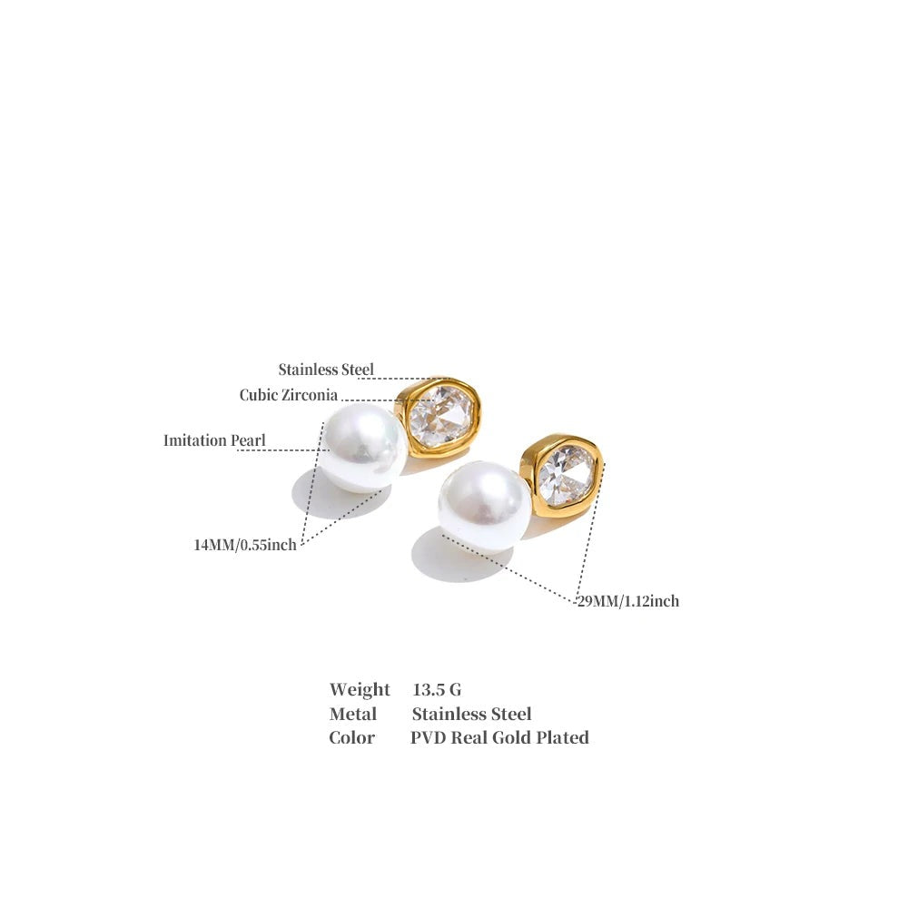 Cubic Zirconia Pearl Geometric Earrings — Gold-Plated Stainless Steel with Pearl and Cubic Zirconia · PS1428
