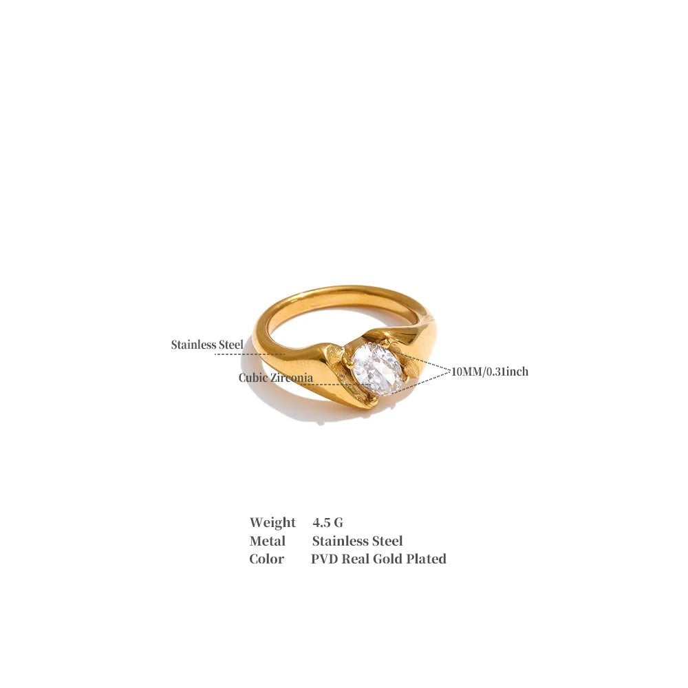 Cubic zirconia geometric ring in 18K gold-plated stainless steel with cubic zirconia.