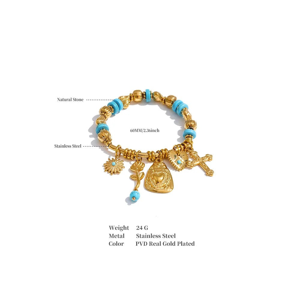Natural Stone Heart Flower Bracelet — Gold-Plated Stainless Steel with Natural Stone · PS1086