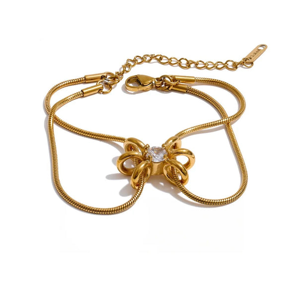 Cubic Zirconia Flower Geometric Bracelet — Gold-Plated Stainless Steel with Cubic Zirconia · PS1406