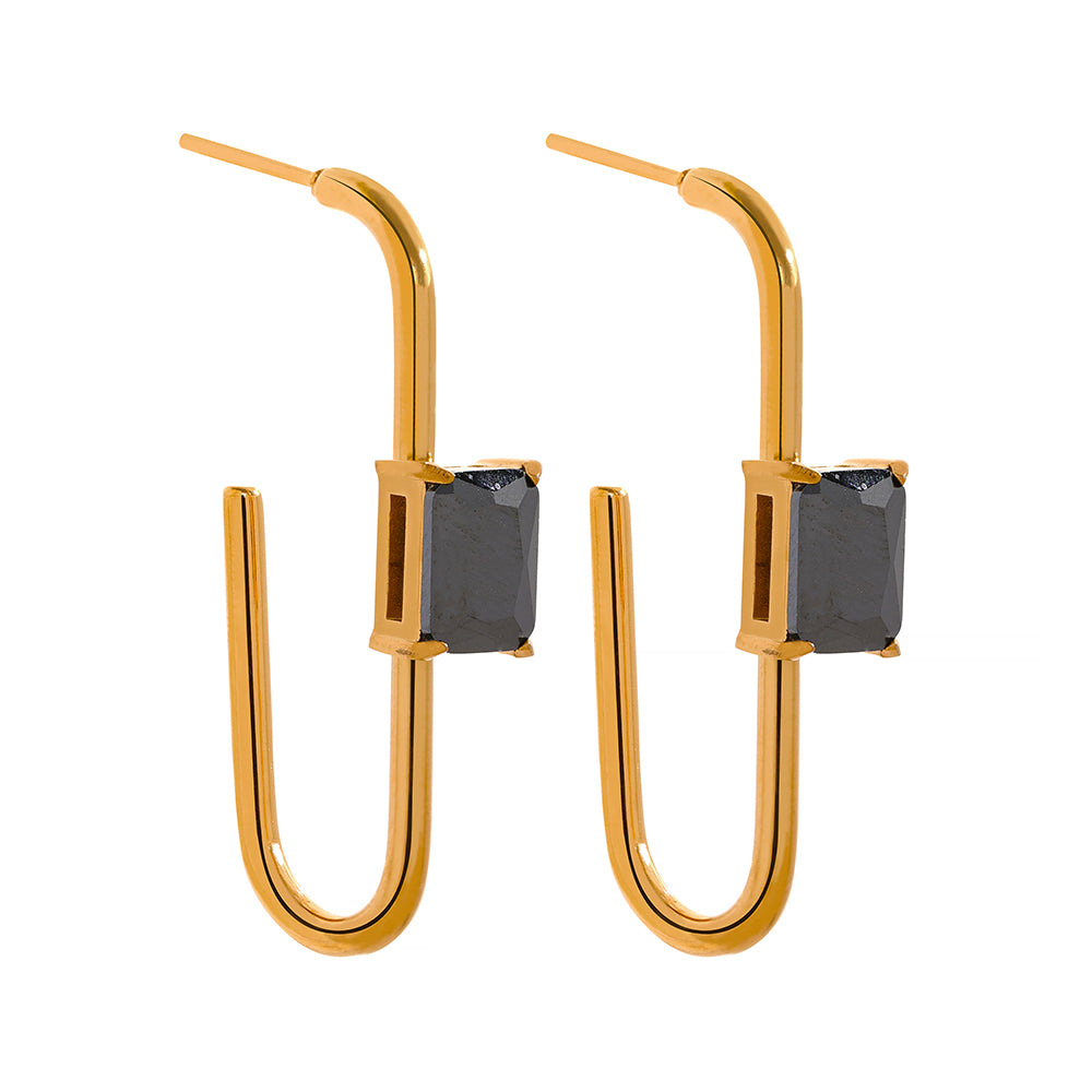 Black cubic zirconia geometric earrings in 18K gold-plated stainless steel with cubic zirconia.
