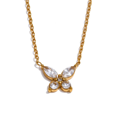 Gold-plated stainless steel necklace with cubic zirconia accents and a butterfly charm.