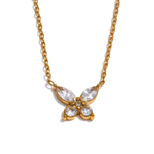 Gold-plated stainless steel necklace with cubic zirconia accents and a butterfly charm.