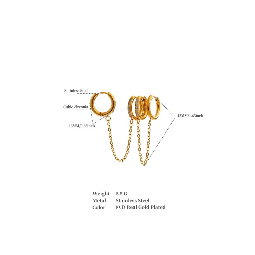 Cubic Zirconia Geometric Chain Earrings — Gold-Plated Stainless Steel with Cubic Zirconia · PS1462