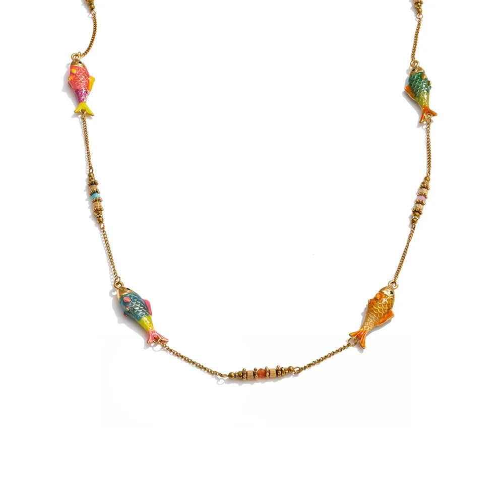 Gold-plated stainless steel necklace with enamel detailing a fish.