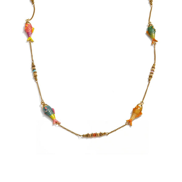 Gold-plated stainless steel necklace with enamel detailing a fish.