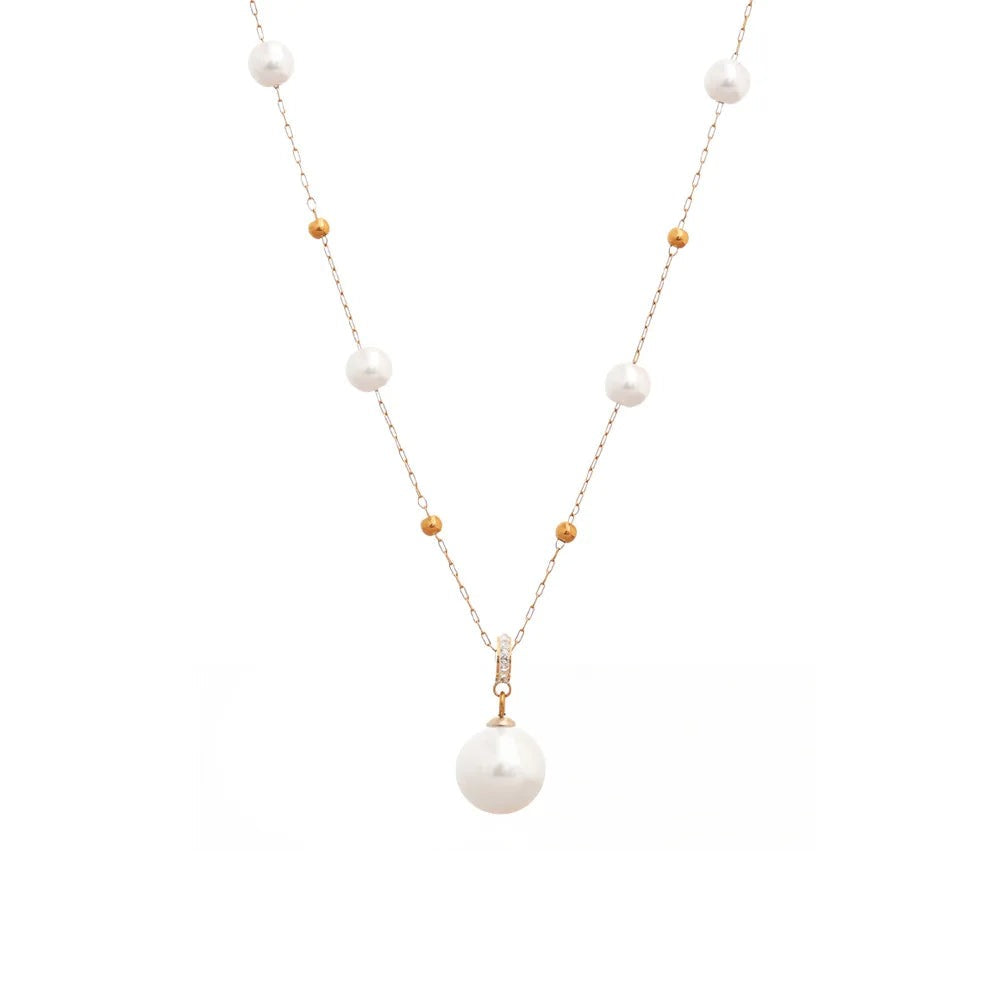 Gold-plated stainless steel pearl necklace with a large pearl pendant.