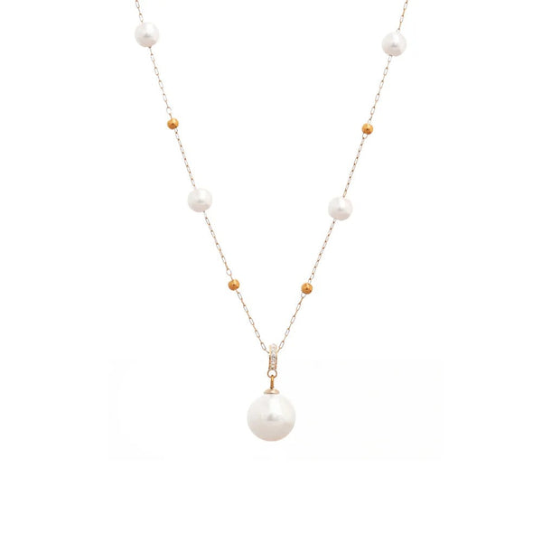 Gold-plated stainless steel pearl necklace with a large pearl pendant.