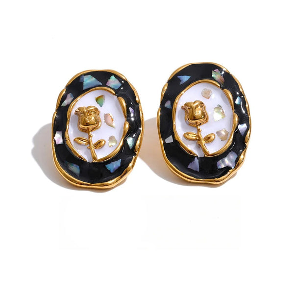 Cubic Zirconia Enamel Flower Earrings — Gold-Plated Stainless Steel with Cubic Zirconia and Enamel · PS1298