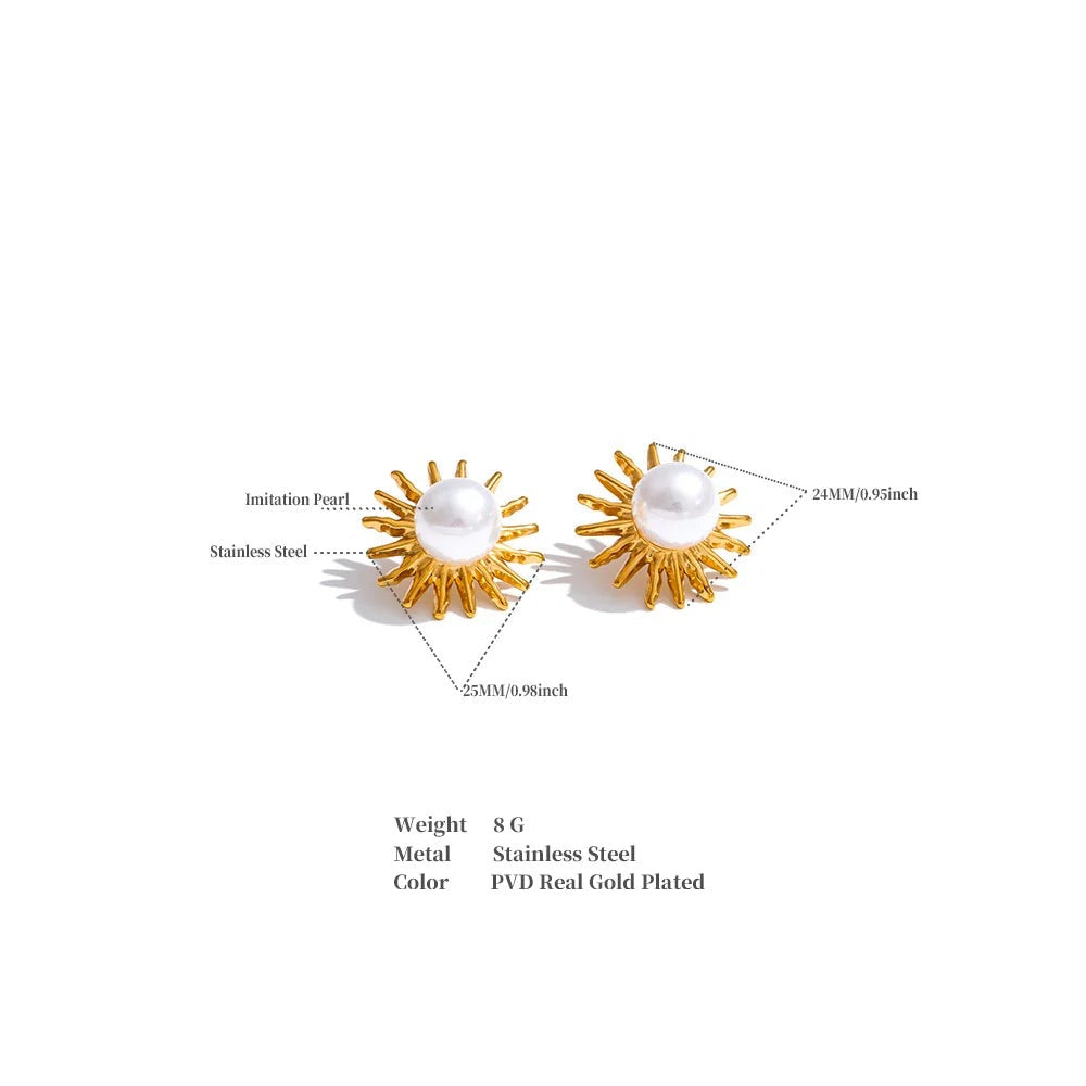 Pearl flower geometric earrings in gold-plated stainless steel with pearl.