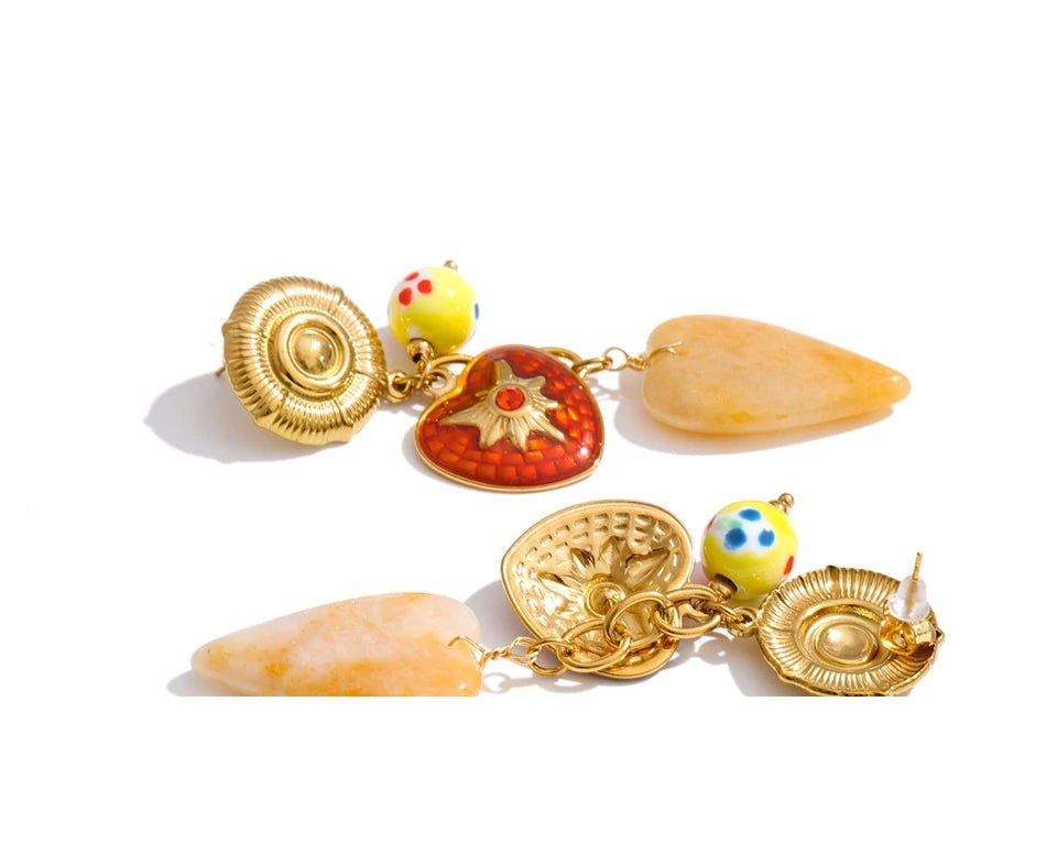 Enamel Natural Stone Heart Earrings — Gold-Plated Stainless Steel with Natural Stone and Enamel · PS1075