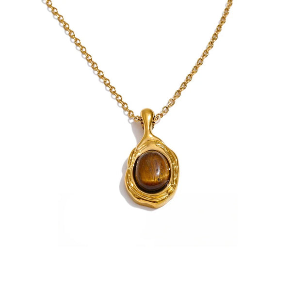 Gold-plated stainless steel necklace with a large, oval-shaped amber stone.