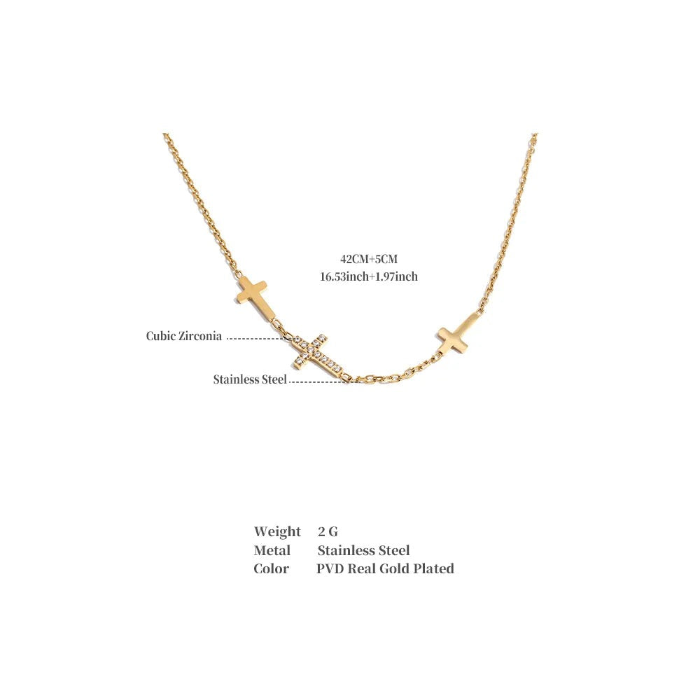 Cubic zirconia cross geometric necklace in gold-plated stainless steel with cubic zirconia.