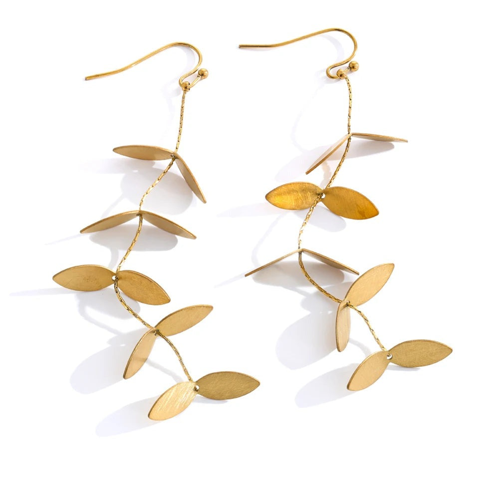 Gold-plated stainless steel earrings with a leaf design.