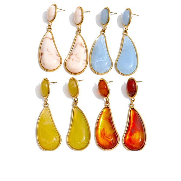 Gold-plated stainless steel earrings with resin and acrylic in various colors.