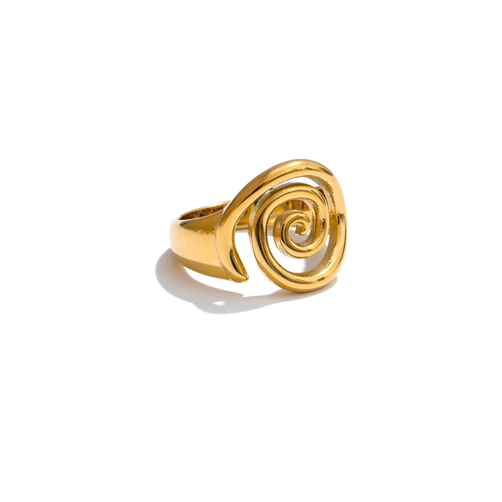 Gold-plated stainless steel ring with a swirled design.