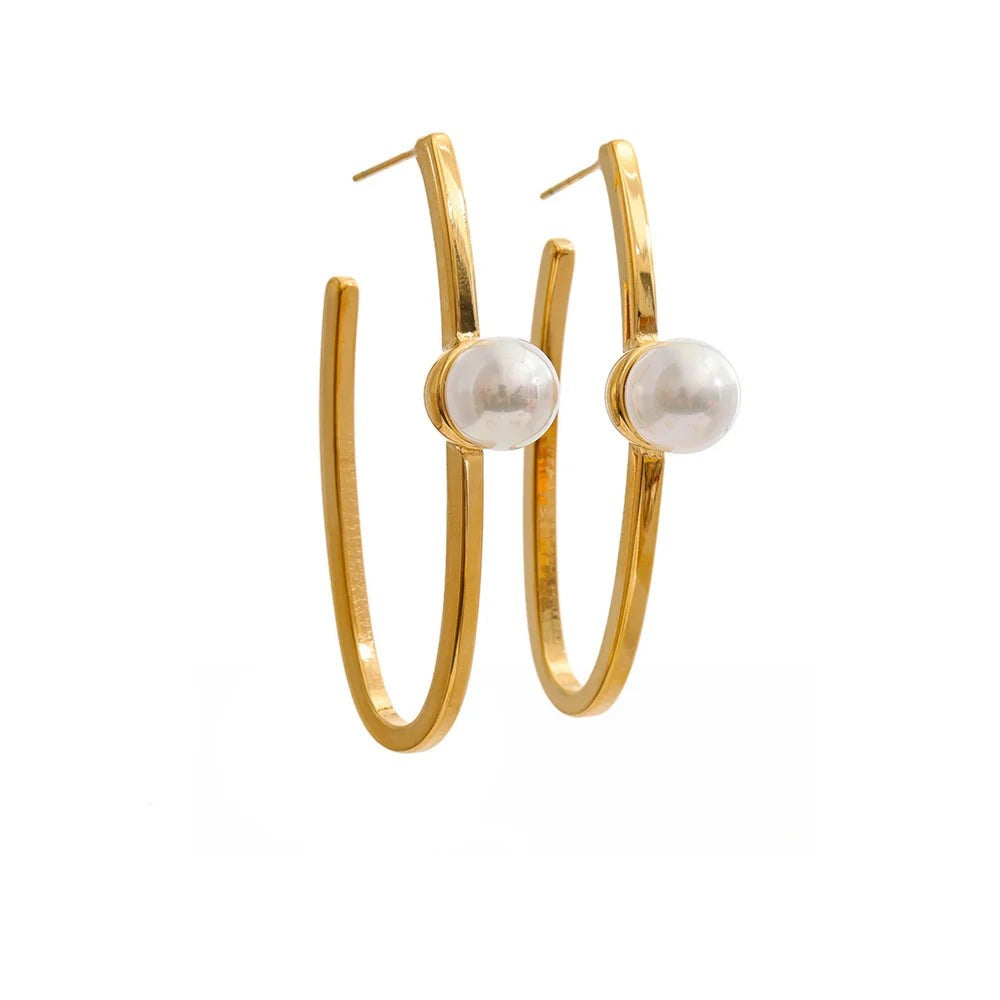 Gold-plated stainless steel hoop earrings with pearls.