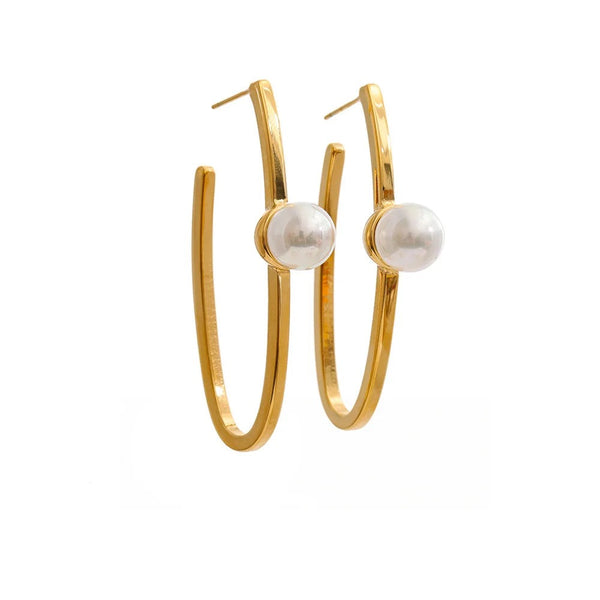 Gold-plated stainless steel hoop earrings with pearls.