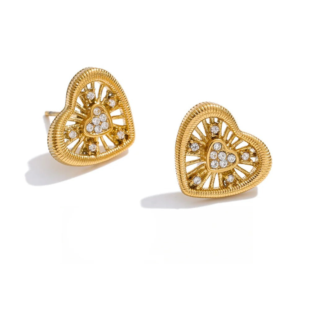 Cubic Zirconia Heart Earrings — Gold-Plated Stainless Steel with Cubic Zirconia · PS929