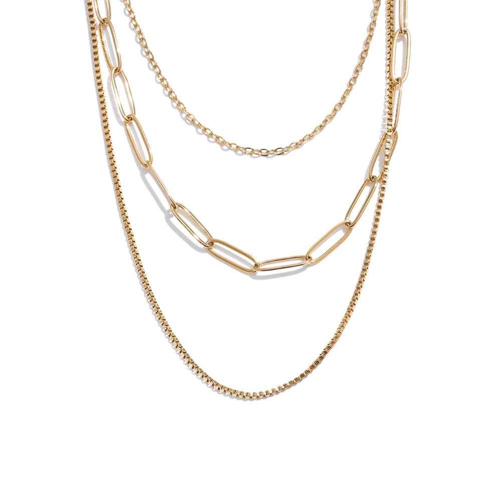 Gold-plated stainless steel necklace with multiple chains.