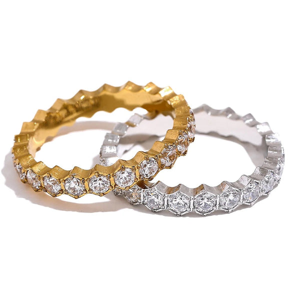 Gold-plated stainless steel ring with cubic zirconia.