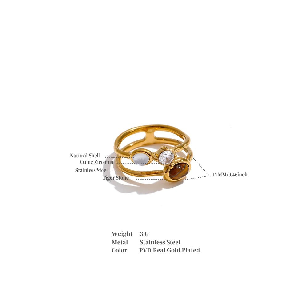Cubic zirconia natural stone geometric ring in 18K gold-plated stainless steel with cubic zirconia and natural stone.