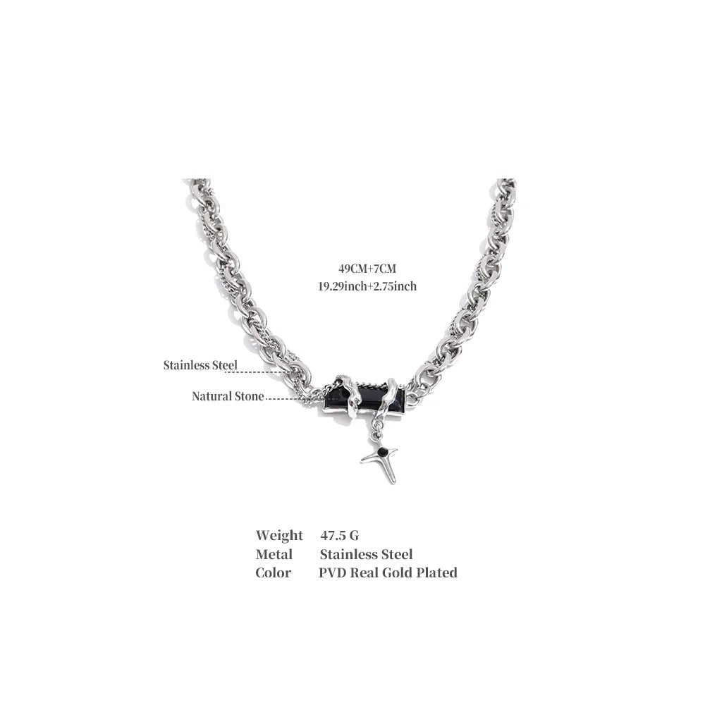 Crystal natural stone cross necklace in gold-plated stainless steel with natural stone and crystal.