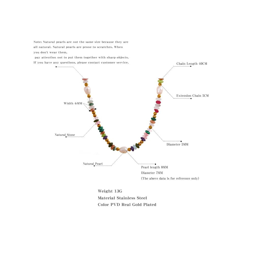Freshwater pearl natural stone multi-color necklace in gold-plated stainless steel with freshwater pearl and natural stone.