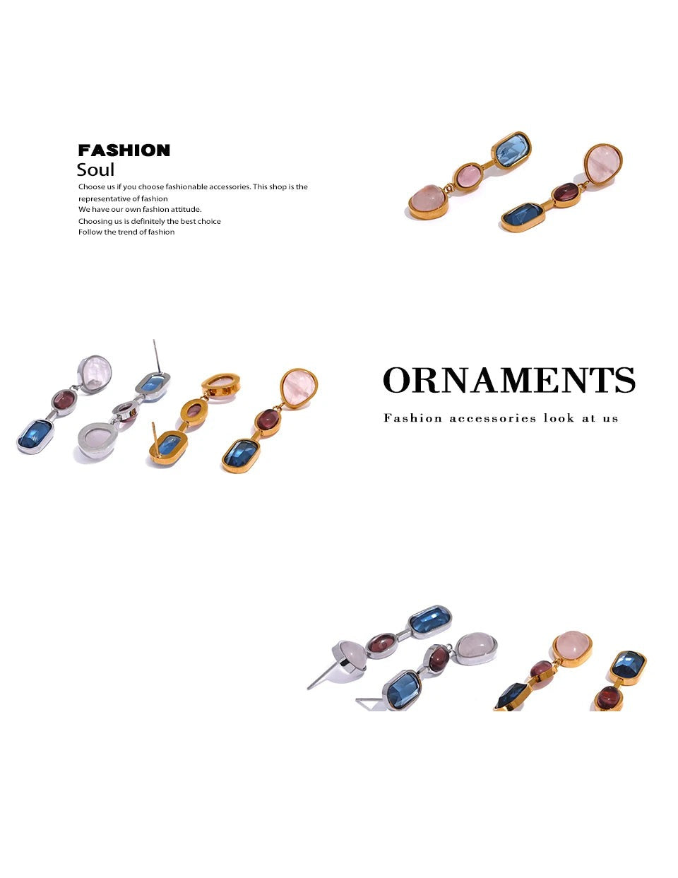 Natural stone geometric earrings in gold-plated 316L stainless steel with natural stone.