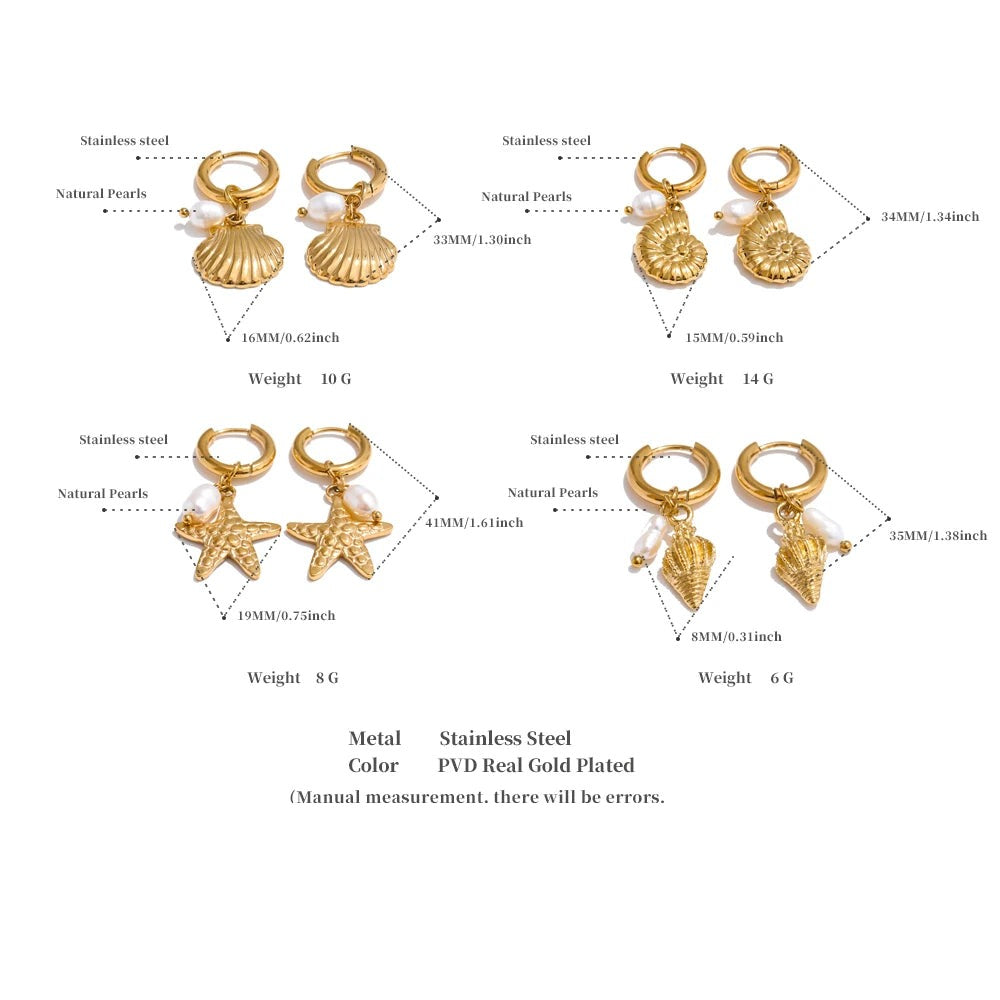 Freshwater pearl shell star earrings in gold-plated stainless steel with freshwater pearl and shell.