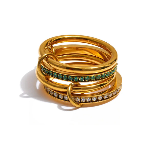 Gold-plated stainless steel ring with cubic zirconia stones.