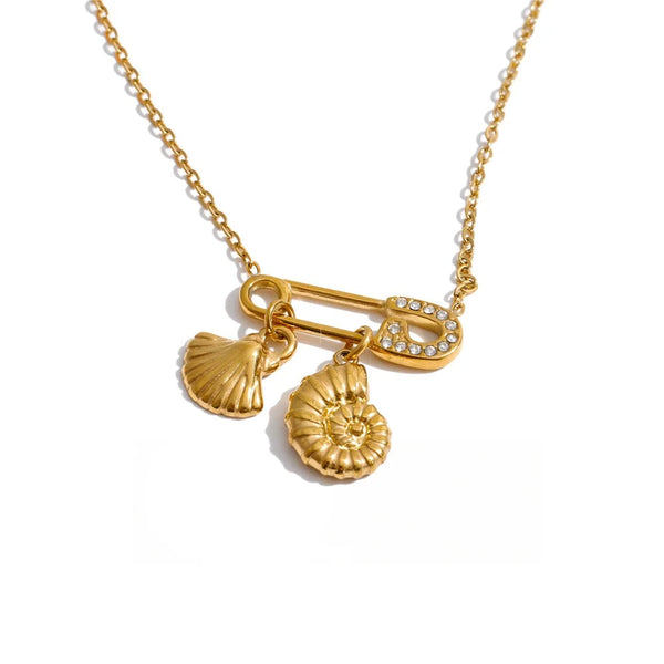 Gold-plated stainless steel necklace with cubic zirconia and shell charm.