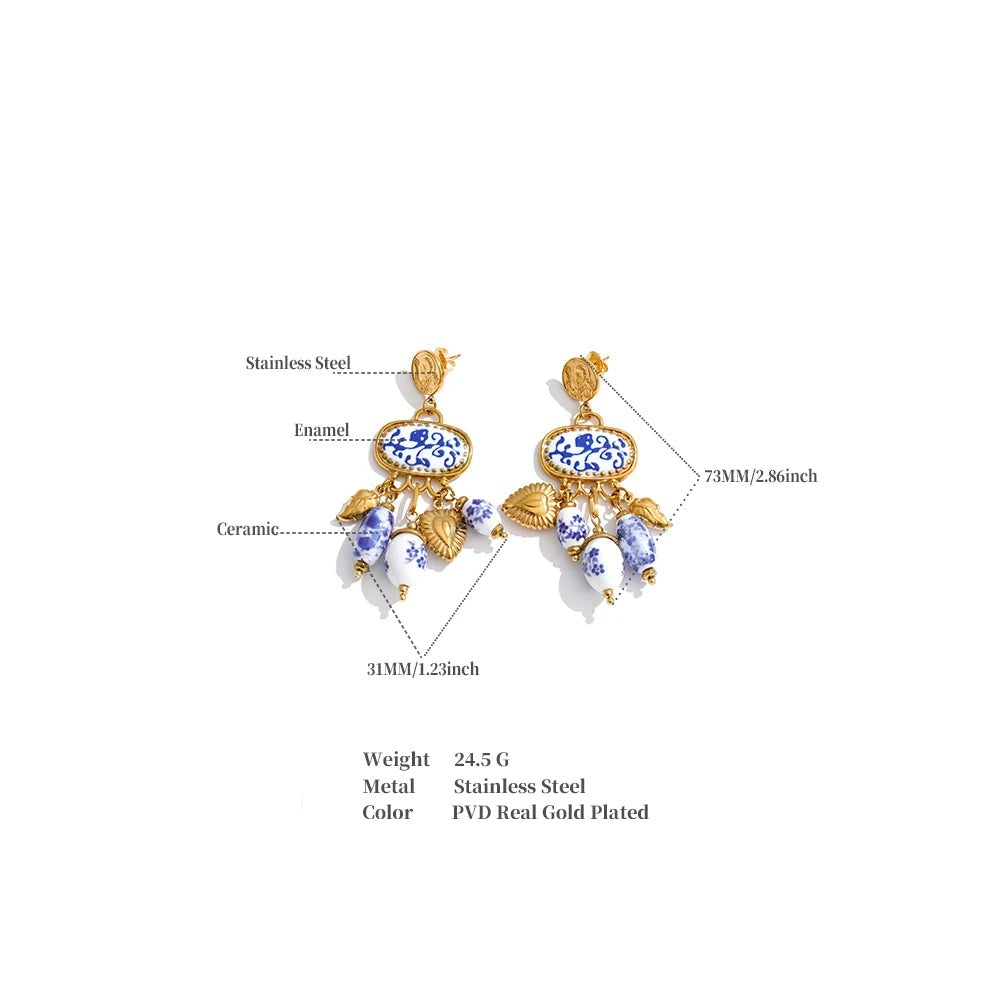 Blue heart flower earrings in gold-plated stainless steel.
