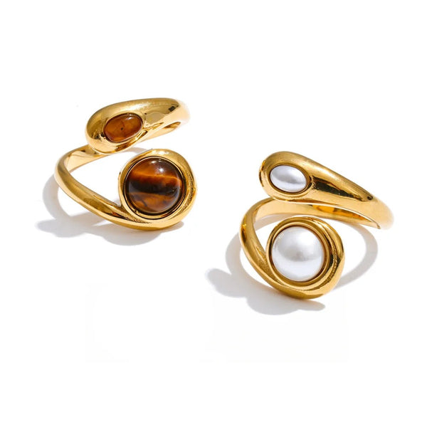Gold-plated stainless steel ring with pearl and natural stone.