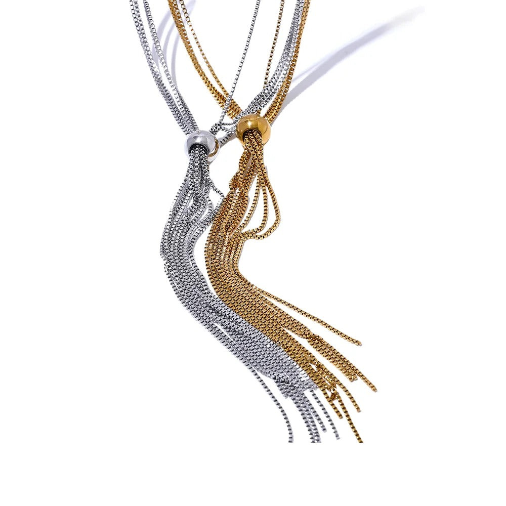 Gold-plated stainless steel necklace with multiple tassels.