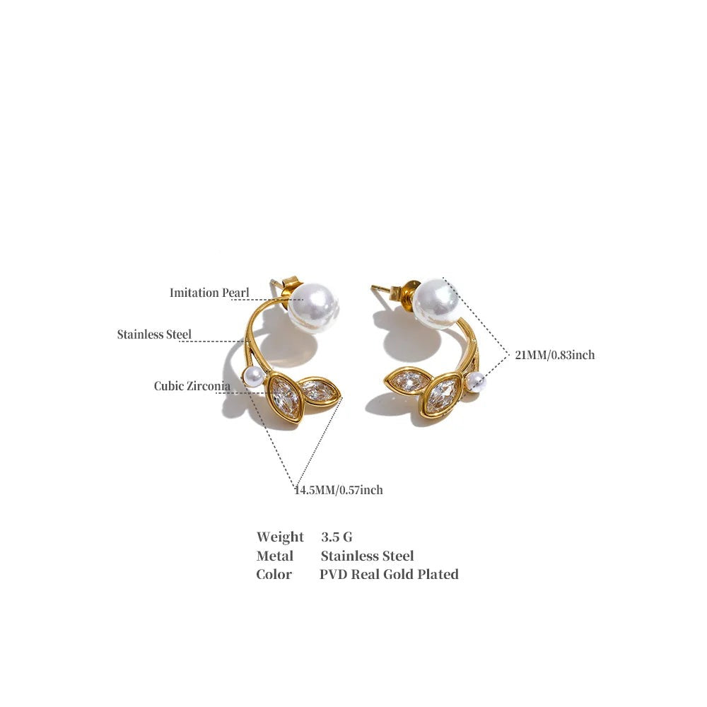 Cubic Zirconia Pearl Geometric Earrings — Gold-Plated Stainless Steel with Pearl and Cubic Zirconia · PS1303